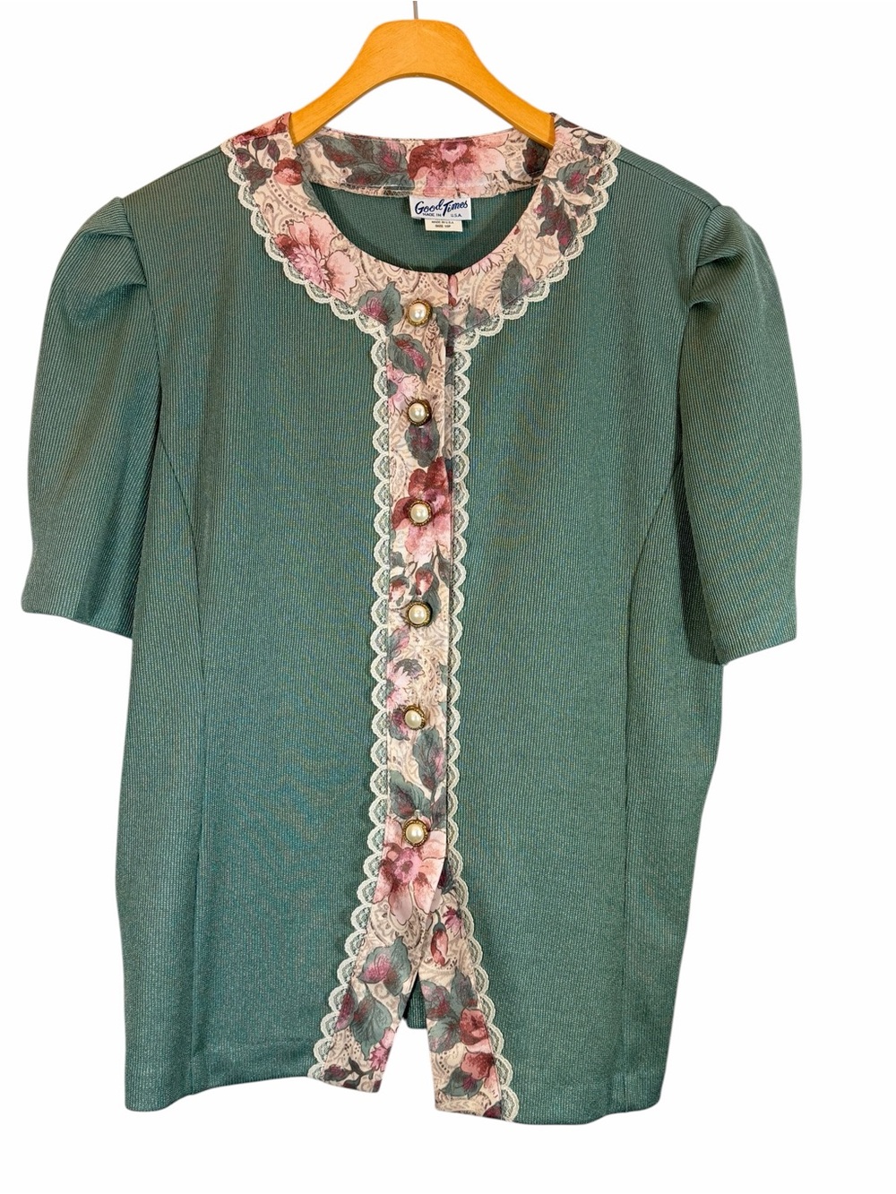 Vintage Good Times Floral Trim Faux Pearl Button Top Size 10P Green Grannycore